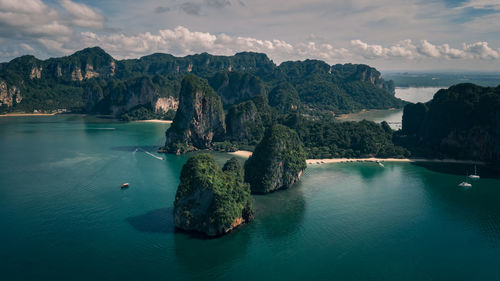 High angle view seascape and mountain view at railay bay in the rain season krabi province thailand