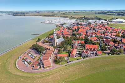 Aerial from the traditional village hindeloopen at the ijsselmeer in the netherlands