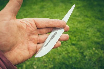 Cropped image of person holding paper on grass