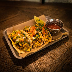 High angle view of food in plate on table
