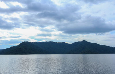 Scenic view of lake against cloudy sky