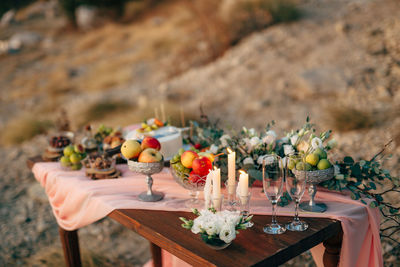 High angle view of fruits on table