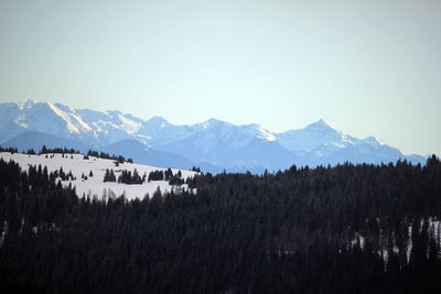 Scenic view of snowcapped mountains against clear sky