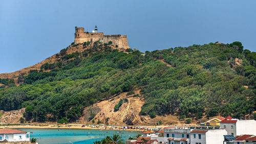 Scenic view of sea against clear blue sky