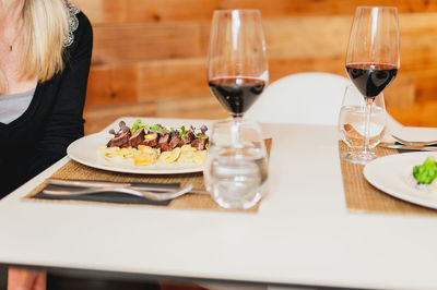 Close-up of served food on table