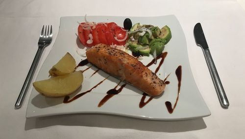 High angle view of breakfast served on table