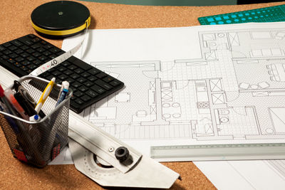 High angle view of calculator on table