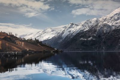 Scenic view of lake and snowcapped mountains against sky