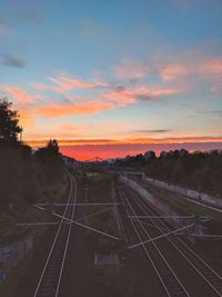 High angle view of railroad tracks against sky during sunset