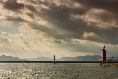 Lighthouse by sea against sky during sunset