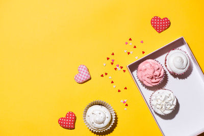 High angle view of cupcakes on table