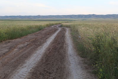 Dirt road amidst field against sky