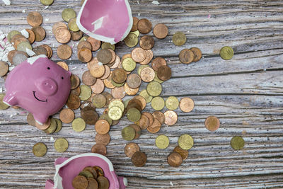 Directly above shot of piggy bank on wooden table