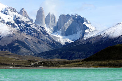 Scenic view of snowcapped mountains against sky