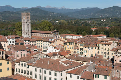 High angle view of buildings in city