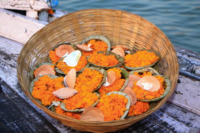 High angle view of fish in basket on table