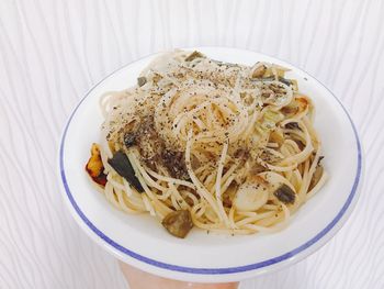 High angle view of noodles in bowl on table