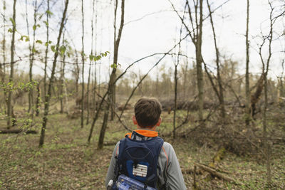 Rear view of backpacker standing on field in forest