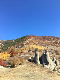 Scenic view of rocky mountains against clear blue sky