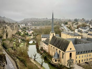 High angle view of townscape against sky