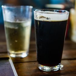 Close-up of beer in glass on table