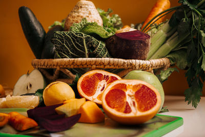 Basket of healthy food fruits and vegetables
