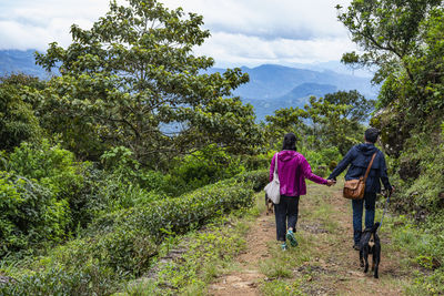 Couple walking down hiking path with their dog in sri lanka