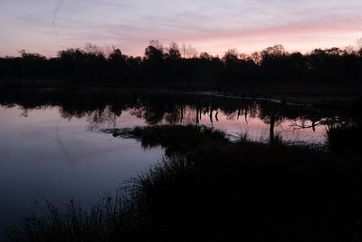 Silhouette trees by lake against sky during sunset