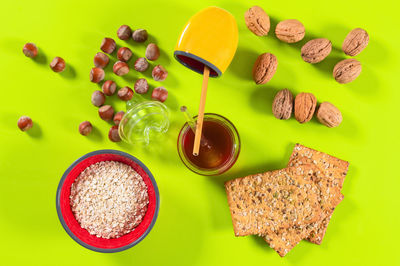 High angle view of breakfast served on table