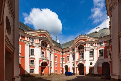 Panoramic view of buildings in town against sky