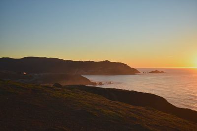 Scenic view of sea against clear sky during sunset