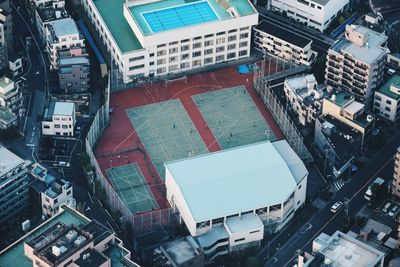 High angle view of buildings in city