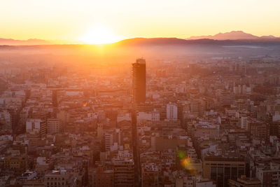 High angle view of townscape against sky during sunset