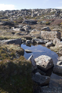 Scenic view of rocks on landscape against sky