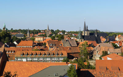 High angle view of townscape against clear sky