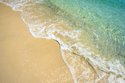 Soft wave of blue ocean on sandy beach. background.