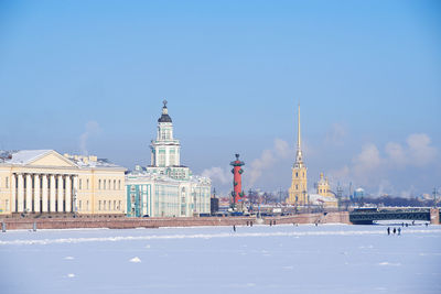 View of buildings against sky during winter