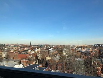 Cityscape against clear blue sky