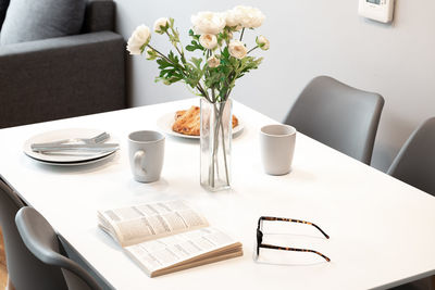 High angle view of objects on table