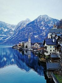 Scenic view of snowcapped mountains in hallstatt 