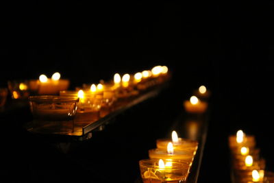 Close-up of lit candles in temple