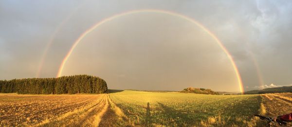 Scenic view of rainbow over field against sky