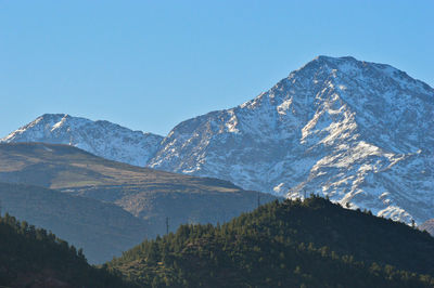 Scenic view of snowcapped mountains against clear blue sky