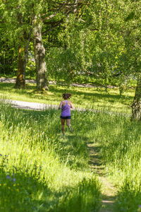 Rear view of woman walking on grassy field