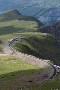 High angle view of winding road on landscape