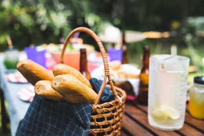 Close-up of drink in basket on table