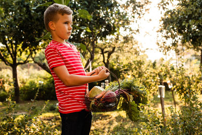 Happy boy holding plants against trees