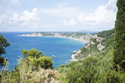 High angle view of bay against sky