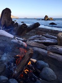 Campfire at beach during sunset