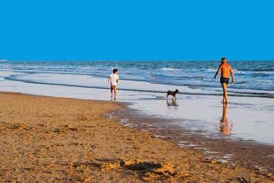 People on beach against clear sky